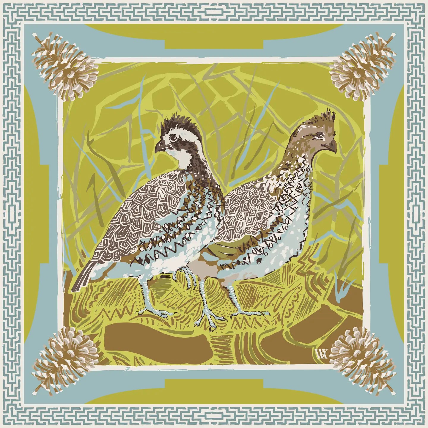 AW Chartreuse quail pair double sided silk scarf 35x35 by AustinWilliamsArt