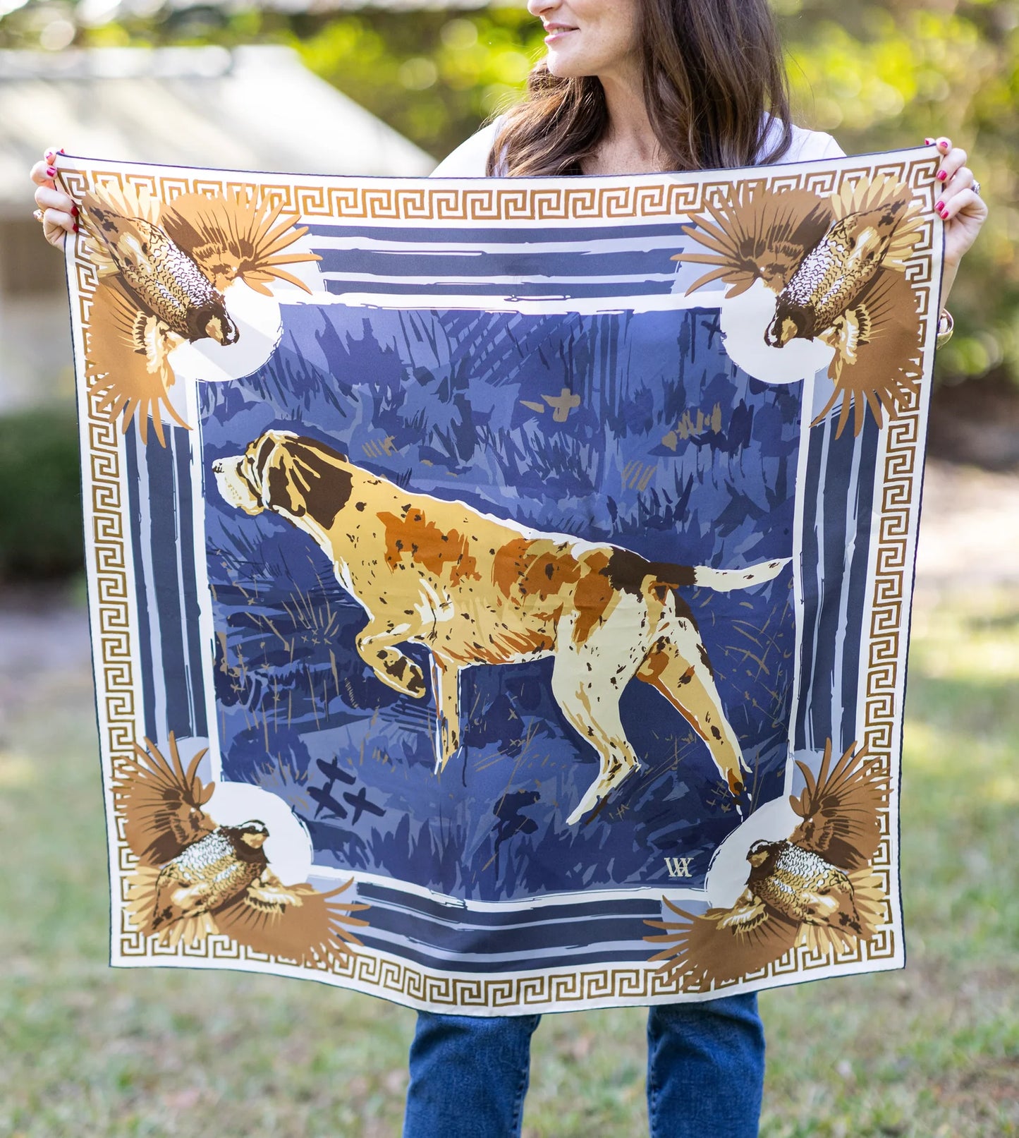 AW Navy Pointing Strong Double Sided Silk Scarf 25" AustinwilliamsArt