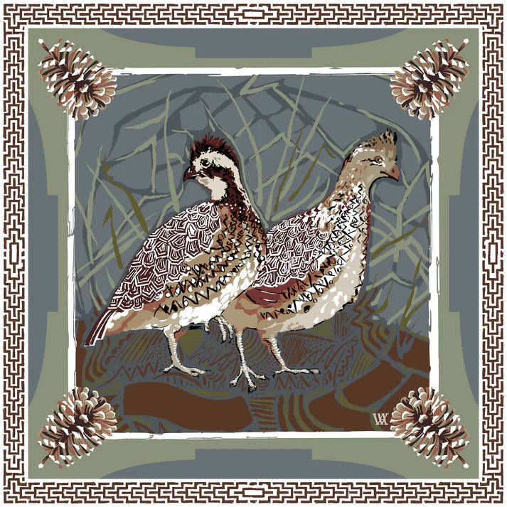 AW Slate Quail Pair Double sided silk scarf 11.5x11.5