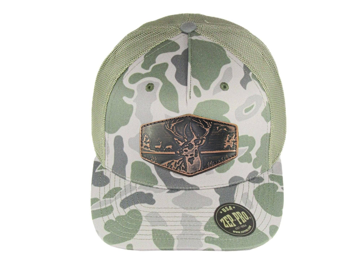 Buck Old School Camo Trucker Hat. Hand Burnished Full Grain Leather Patch. 5-Panel Richardson 112 Snapback Cap. Stitched Deer Leather Patch.