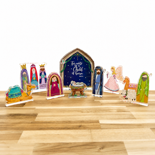 NEW! Small NINE PIECE "For Unto Us" Acrylic Nativity Set