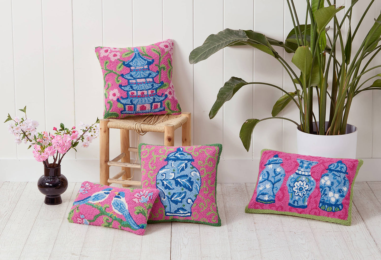 Chinoiserie Jars Trio Hook Pillow pink & blue