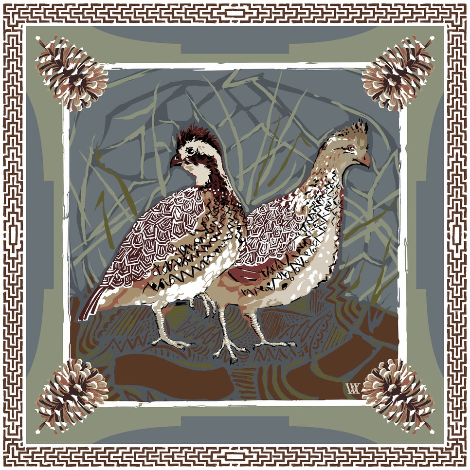 AW Slate Quail Pair double sided 25" Silk Scarf AustinWilliamsArt