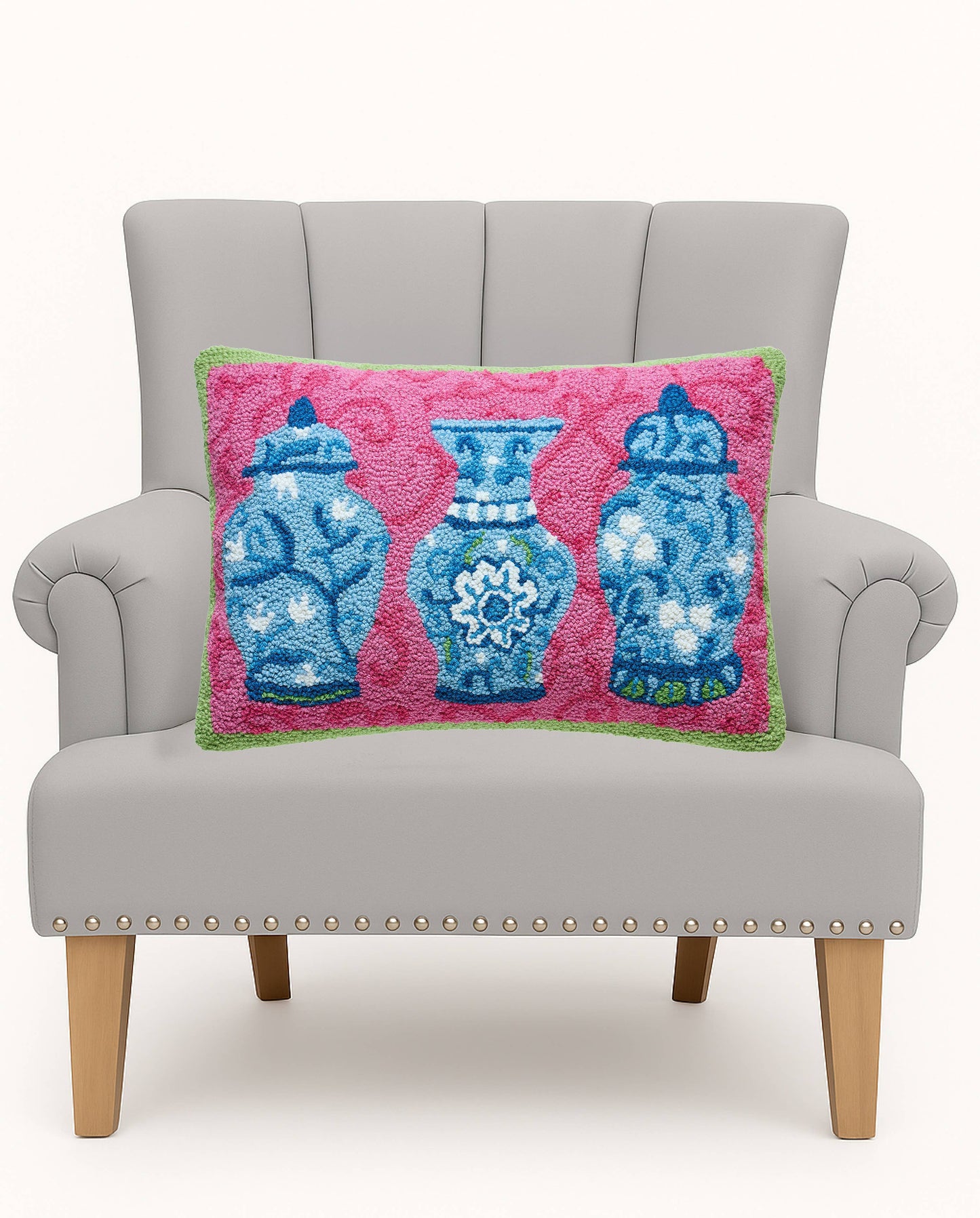 Chinoiserie Jars Trio Hook Pillow pink & blue