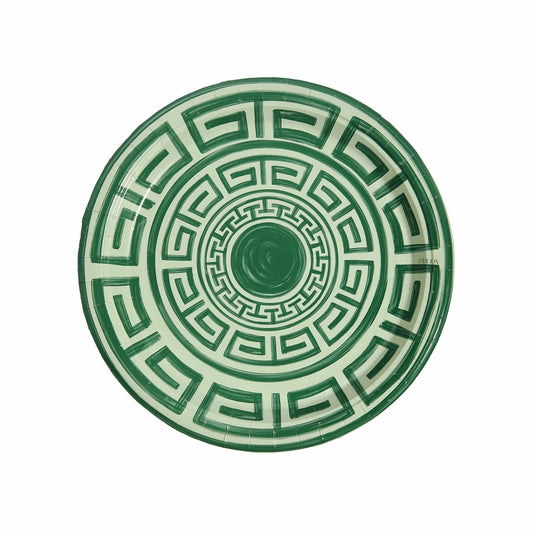 Sage & Forest Green Greek Key 10.5" Paper Plate