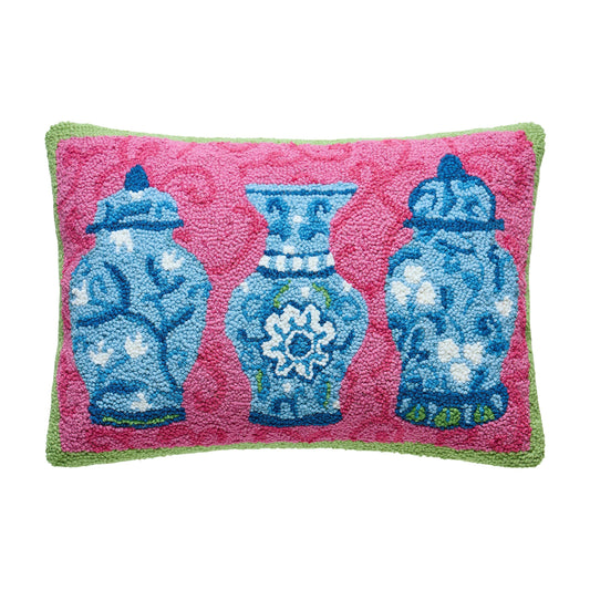 Chinoiserie Jars Trio Hook Pillow pink & blue