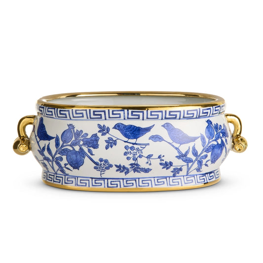 Raz Blue Bird Planter with handles and gold trim