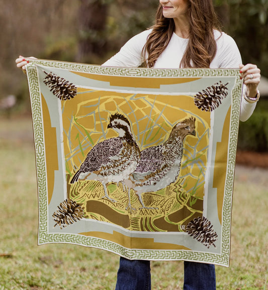 AW Gold Quail Pair 25" Double sided silk scarf AustinWilliamsArt