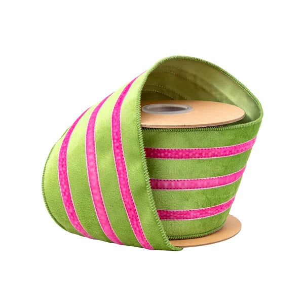 Green with pink stripe 4 inch velvet wired ribbon