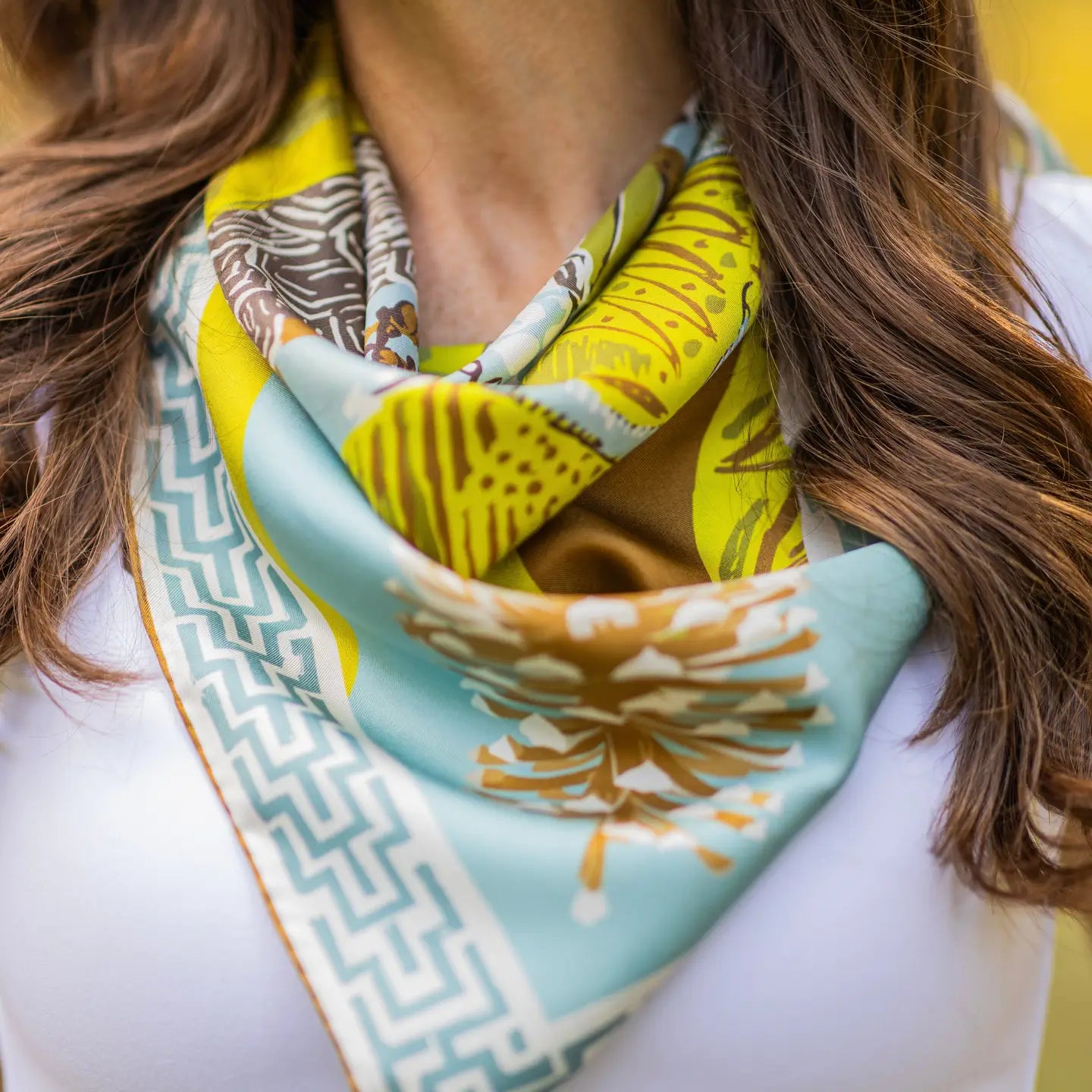 AW Chartreuse quail pair double sided silk scarf  35x35 by AustinWilliamsArt