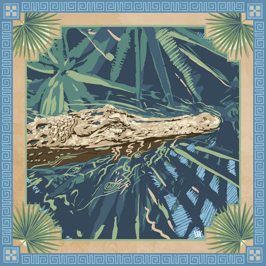 AW Blue Ocmulgee Alligator - Double-Sided Silk Scarf 11.5x11.5 AustinWilliamsArt