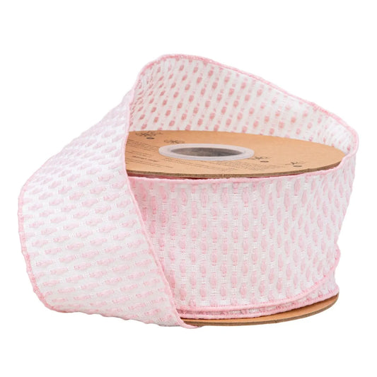 Pink and white woven 2.5 inch wired ribbon