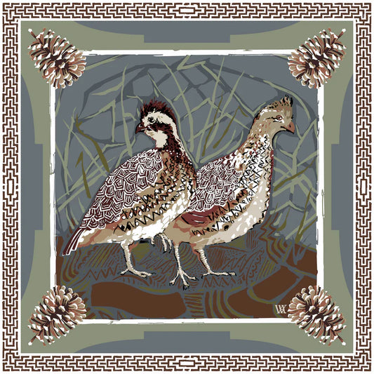 AW Slate Quail Pair Double sided silk scarf 11.5x11.5