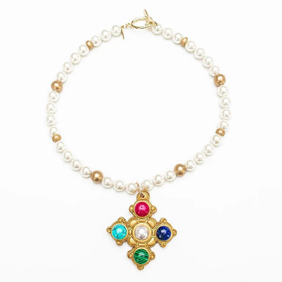 Pearls with Multi Gem Esther Cross 18" by HTJ
