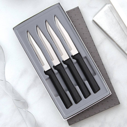 4 Serrated Steak Knives Set - Black Handle