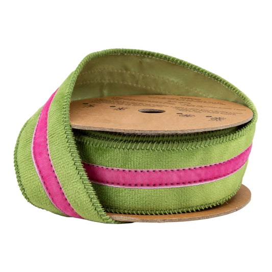 Green wired velvet with pink center 1.5" ribbon