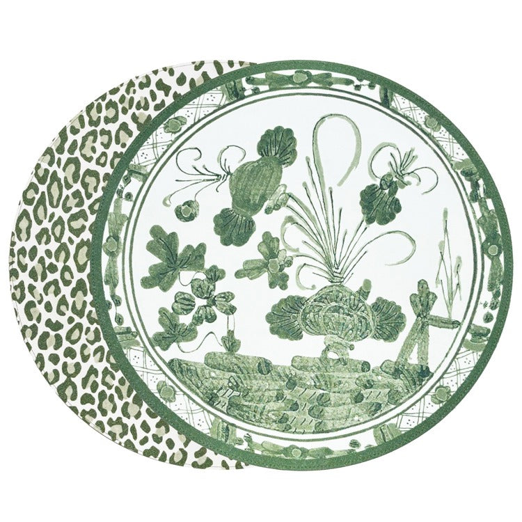 VIDA Faenza and Cheetah Reversible Round Placemats Set of 4 (White & Green)