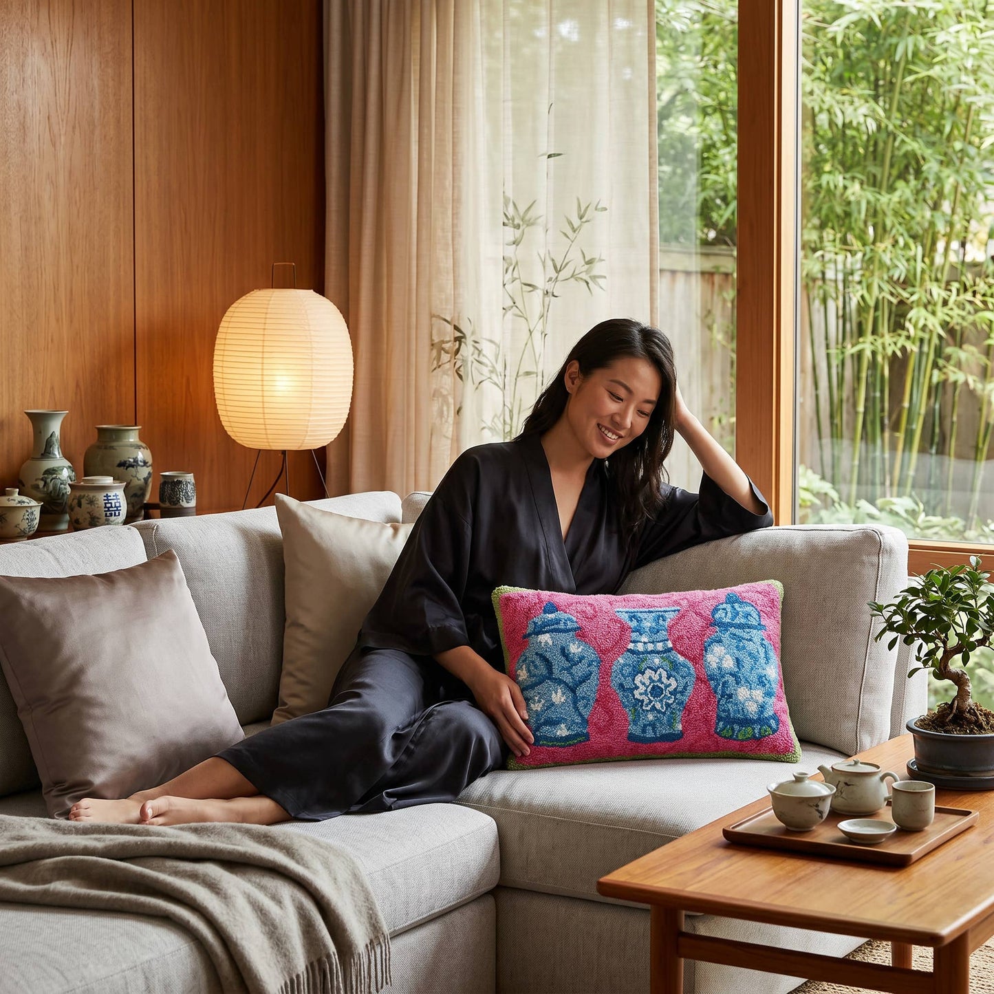 Chinoiserie Jars Trio Hook Pillow pink & blue