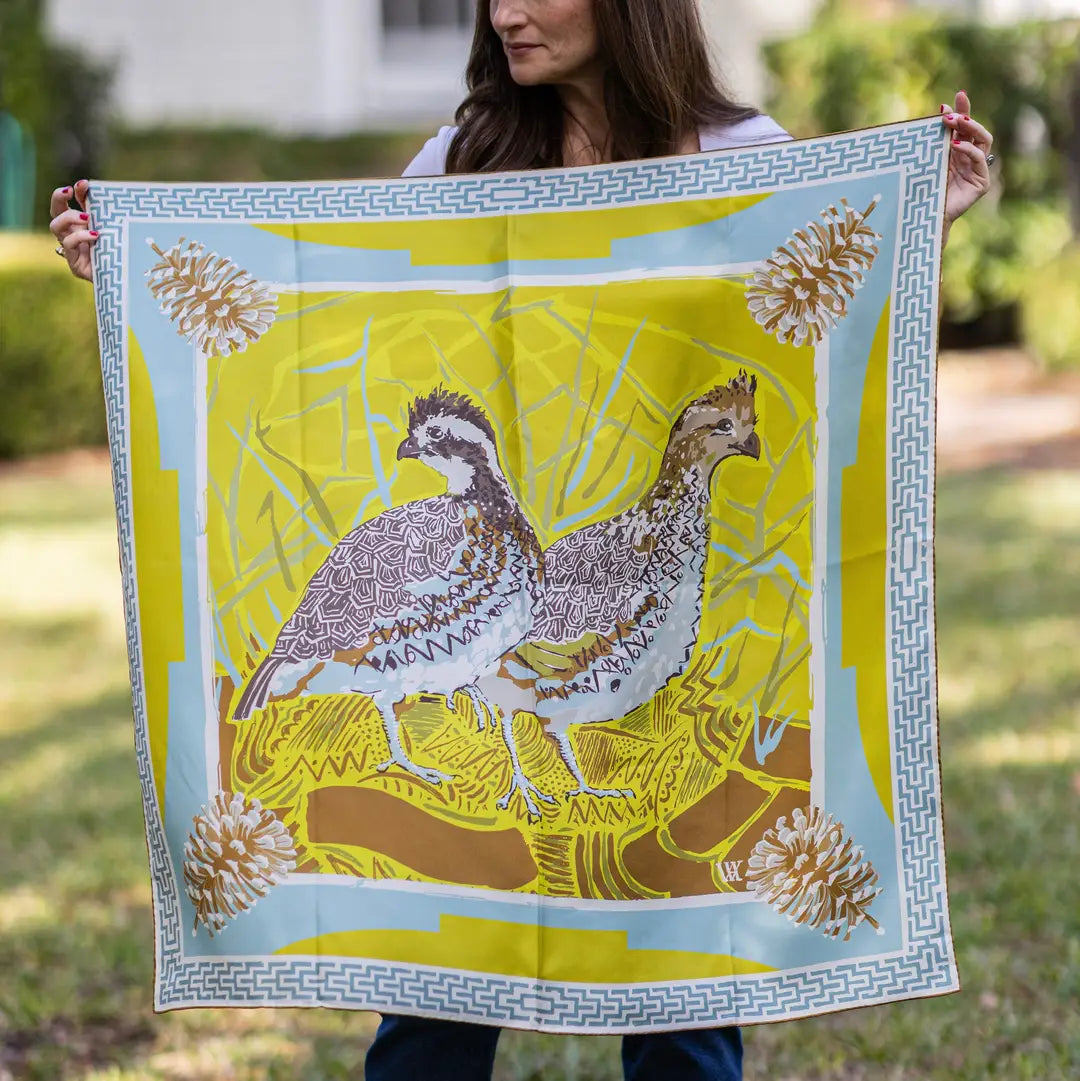 AW Chartreuse quail pair double sided silk scarf  35x35 by AustinWilliamsArt