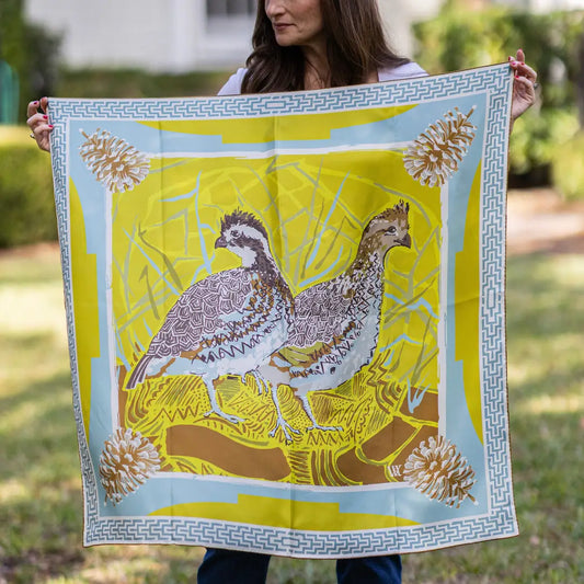 AW Chartreuse quail pair double sided silk scarf  35x35 by AustinWilliamsArt