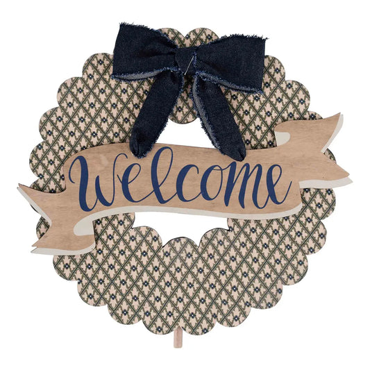GH Welcome wreath with blue denim bow topper